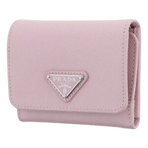 Prada Saffiano Light Pink Leather Wallet Coin Zipper Trifold Triangle